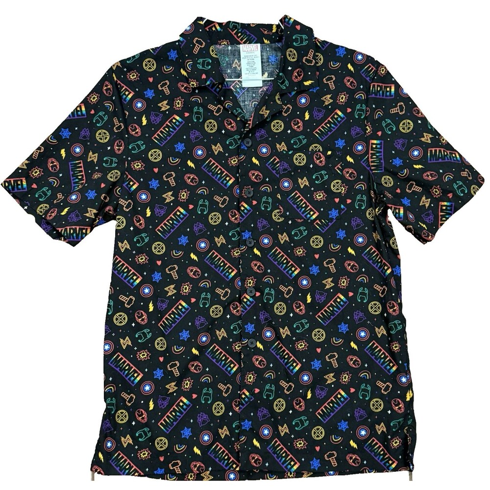 Marvel Avengers Men's S Black Rainbow Button Down Shirt 100% Cotton Dress Shirt